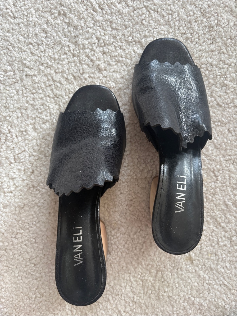 Vaneli Black Scalloped Leather Slip-On Mules